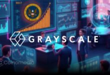 Grayscale logo with IPO chart and SEC building in background