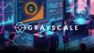 Grayscale logo with IPO chart and SEC building in background