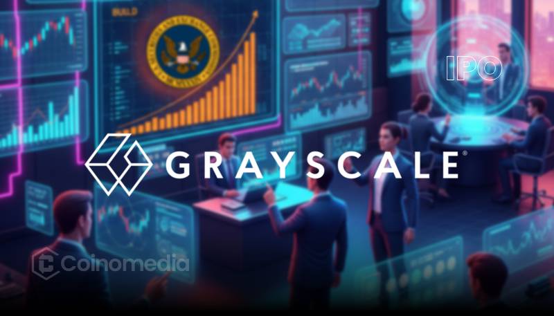 Grayscale logo with IPO chart and SEC building in background