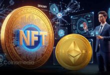 Ethereum NFTs surge: Chart showing $75M weekly NFT volume on Ethereum Ethereum market dominance: Pie chart of NFT volume share by blockchain NFT trading trend: Line graph highlighting the rebound in Ethereum NFT trades