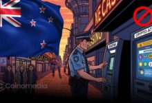 "Crypto ATM in New Zealand shut down due to new AML laws" "New Zealand currency with warning sign on crypto regulations"