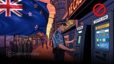 "Crypto ATM in New Zealand shut down due to new AML laws" "New Zealand currency with warning sign on crypto regulations"