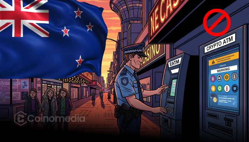 "Crypto ATM in New Zealand shut down due to new AML laws" "New Zealand currency with warning sign on crypto regulations"