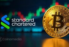 "Bitcoin rising chart illustrating Standard Chartered’s price predictions"