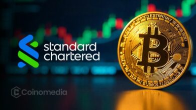 "Bitcoin rising chart illustrating Standard Chartered’s price predictions"