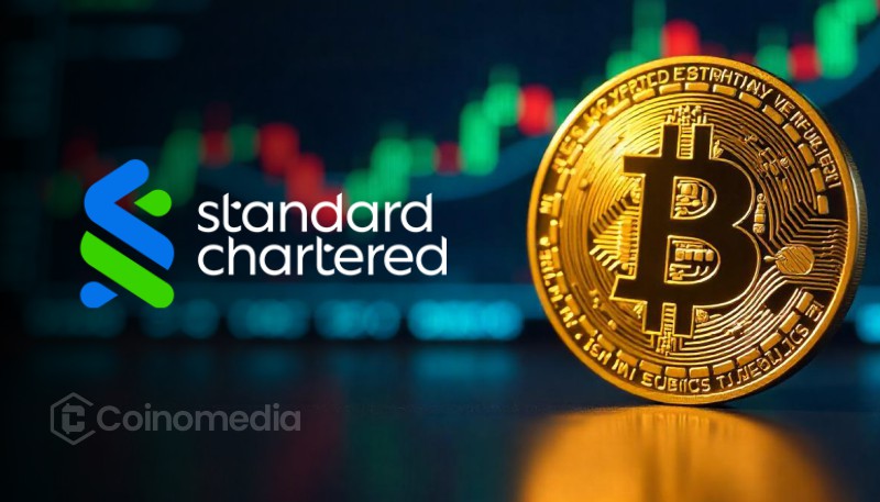 "Bitcoin rising chart illustrating Standard Chartered’s price predictions"