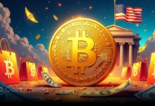 Illustration of a Bitcoin coin beside US federal building, symbolizing a government-backed reserve.