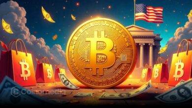 Illustration of a Bitcoin coin beside US federal building, symbolizing a government-backed reserve.