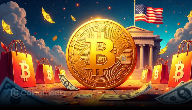 Illustration of a Bitcoin coin beside US federal building, symbolizing a government-backed reserve.