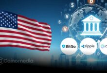 Logos of Ripple, Circle, and BitGo next to a U.S. bank building representing crypto trust bank licenses