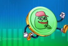 Chart showing PEPE price testing key resistance level for breakout prediction.