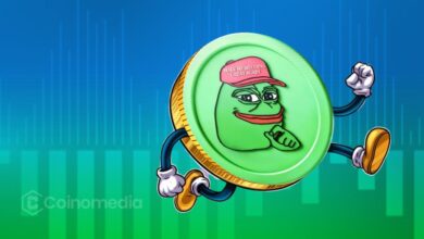 Chart showing PEPE price testing key resistance level for breakout prediction.