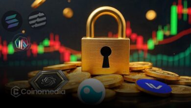 Alt text for chart or token image: “Weekly token unlocks exceeding $442M across major projects” Alt text for individual token logos: “Tokens with scheduled unlocks including SOL, DOGE, AVAIL”