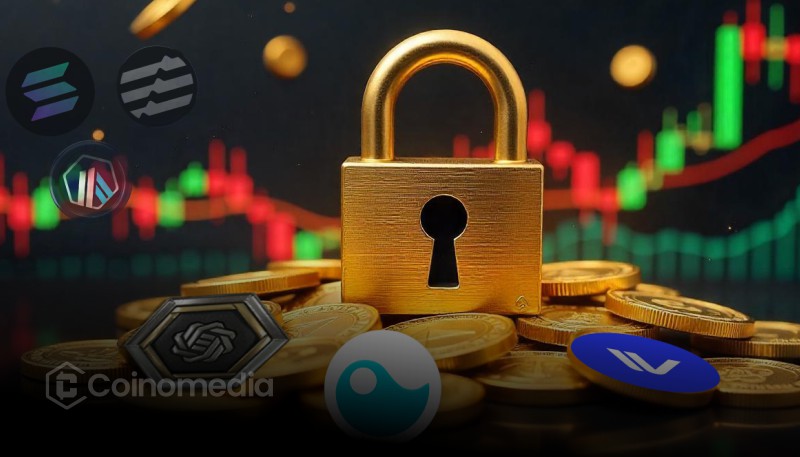 Alt text for chart or token image: “Weekly token unlocks exceeding $442M across major projects” Alt text for individual token logos: “Tokens with scheduled unlocks including SOL, DOGE, AVAIL”