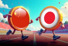 "Asia stablecoin race with yen and yuan symbols"