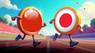 "Asia stablecoin race with yen and yuan symbols"