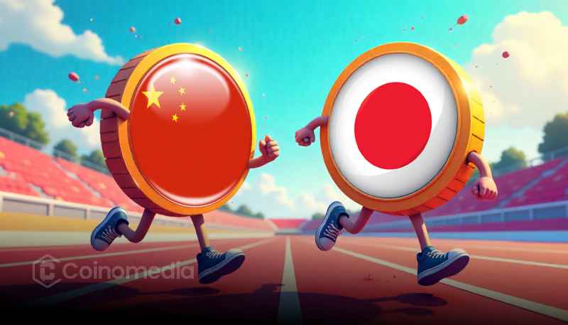 "Asia stablecoin race with yen and yuan symbols"