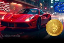 Ferrari car showroom with Ethereum logo representing crypto payments