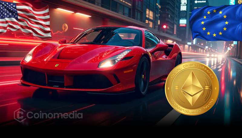 Ferrari car showroom with Ethereum logo representing crypto payments