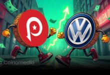 Volkswagen car showroom in Singapore with FOMO Pay and crypto logos