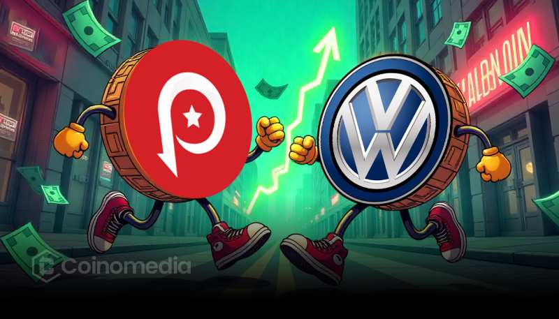 Volkswagen car showroom in Singapore with FOMO Pay and crypto logos