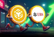 BNB logo rising above UBS bank building with market cap charts in background