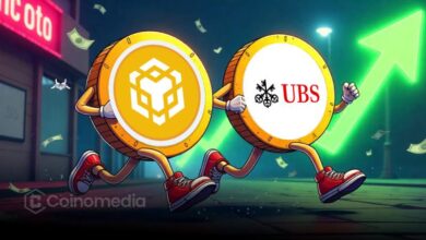 BNB logo rising above UBS bank building with market cap charts in background