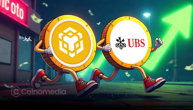 BNB logo rising above UBS bank building with market cap charts in background