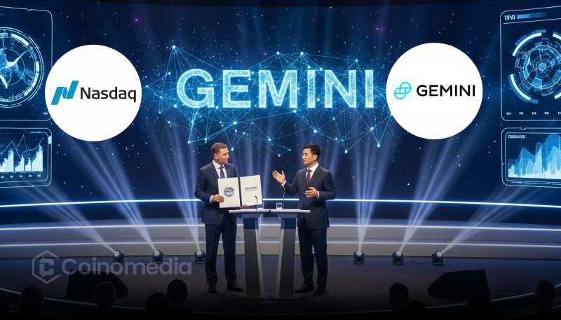 Gemini NASDAQ IPO with Winklevoss twins holding Bitcoin