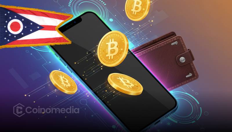 Ohio state building with Bitcoin symbol representing crypto payments