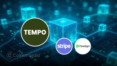 Graphic showing Tempo blockchain network with partners like Stripe, Visa, and Shopify highlighting stablecoin payments.