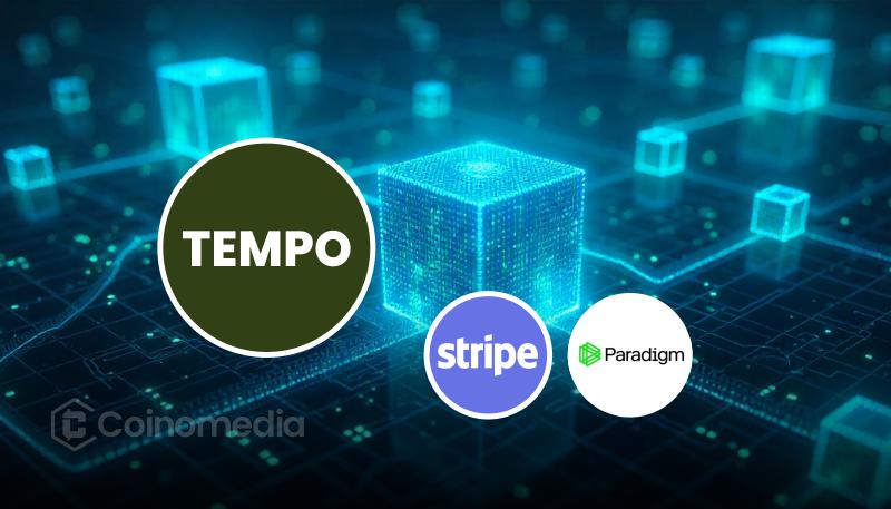 Graphic showing Tempo blockchain network with partners like Stripe, Visa, and Shopify highlighting stablecoin payments.