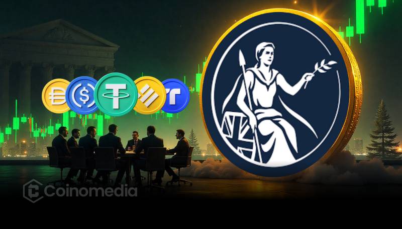 Bank of England building with stablecoin icons representing digital asset regulations.