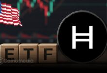 Graphic showing HBAR ETF launch in the U.S. with Hedera logo and financial chart background.