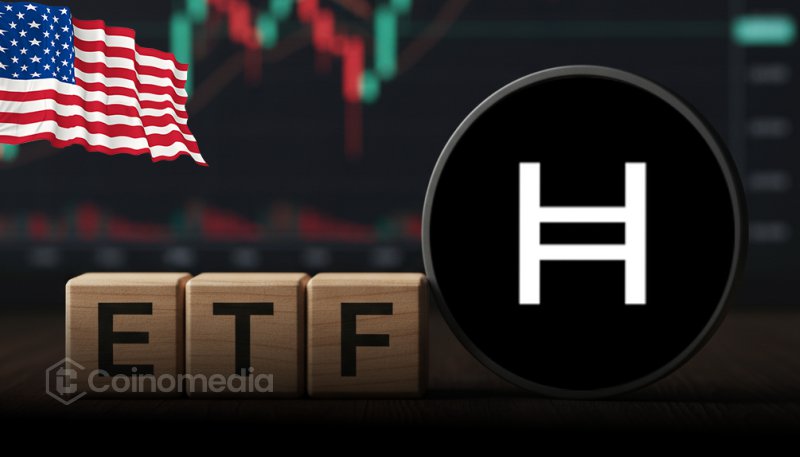 Graphic showing HBAR ETF launch in the U.S. with Hedera logo and financial chart background.