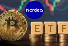 Nordea headquarters with Bitcoin and ETF icons overlayed