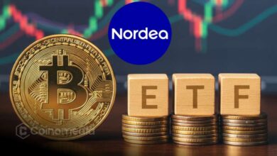 Nordea headquarters with Bitcoin and ETF icons overlayed