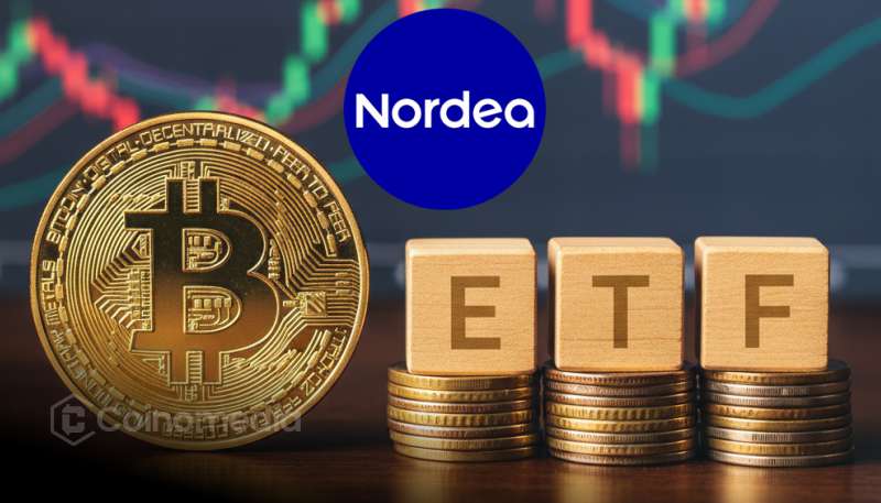Nordea headquarters with Bitcoin and ETF icons overlayed