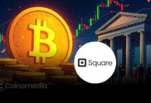 Square POS terminal displaying Bitcoin payment option for merchants