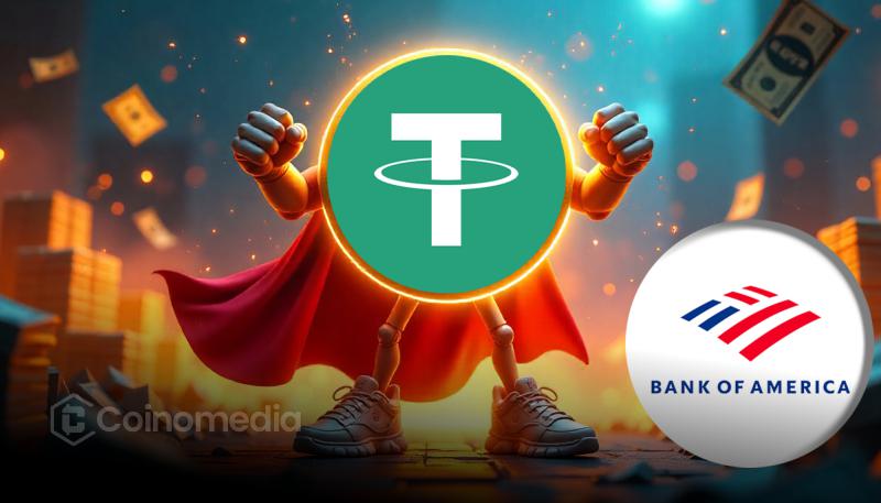 Tether logo with $500B valuation chart surpassing Bank of America