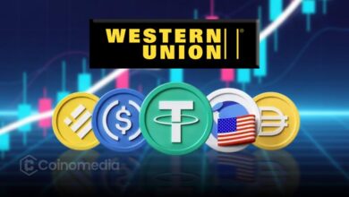 Western Union logo with Solana blockchain background representing stablecoin launch