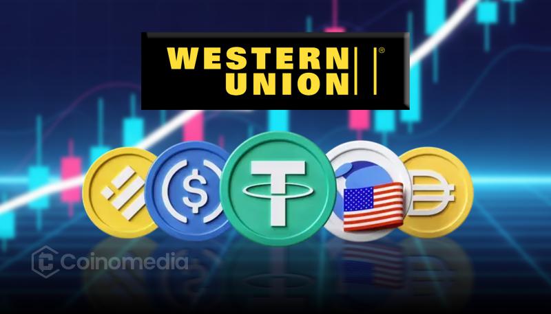 Western Union logo with Solana blockchain background representing stablecoin launch