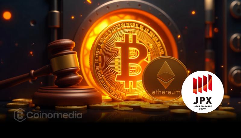 JPX building with Bitcoin symbol overlay – representing crypto treasury rules in Japan.