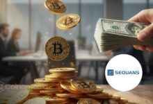 Sequans logo with Bitcoin coins and downward stock chart