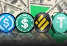 Illustration showing stablecoins moving through blockchain infrastructure with speed and cost icons.