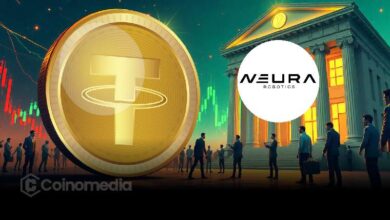 Tether logo with AI robot arm symbolizing investment in Neura Robotics