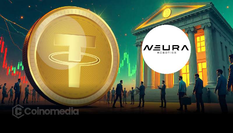 Tether logo with AI robot arm symbolizing investment in Neura Robotics