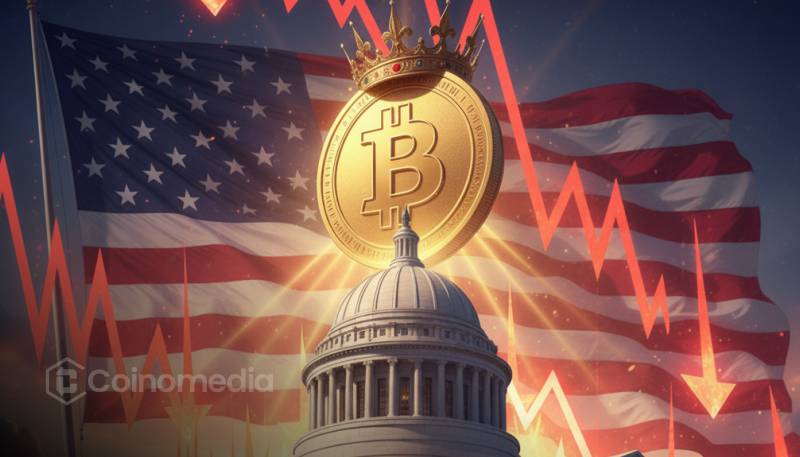 Chart showing decline in US bank reserves with Bitcoin logo as hedge alternative