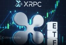XRP ETF XRPC logo with financial chart background showing upward trend