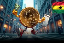 Ghana parliament building with crypto symbols overlay